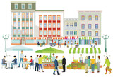 Fototapeta Miasto - Stadtsilhouette mit Menschengruppen in der Freizeit im Wohnviertel, Illustration