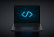 Laptop device with Digital code icon in screen on a dark background. Realistic rendering.