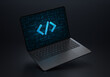 Laptop device on a dark background with a stylish angled placement showing a Digital code icon on the screen. Realistic rendering.