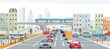 Stadtsilhouette einer Stadt mit Verkehr  und Personen, illustration