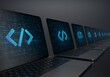 Laptop devices lined up diagonally with Digital code icon on their screens on a dark background. Realistic rendering.