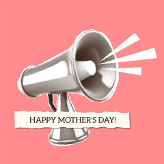 Mother's Day greeting card Megaphone halftone paper cut out. Vector illustration