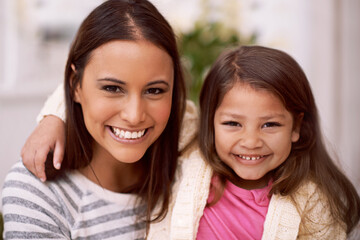 Sticker - Portrait, mother and daughter with smile in lounge of home with love, care and happiness. Apartment, mom and girl together to relax on sofa or couch with hug for bonding in living room of house