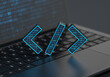 A Digital code icon placed on a laptop keyboard with soft depth of field on a dark background. Realistic rendering.