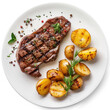 Succulent beef steak and roasted potatoes on a plate, isolated on white