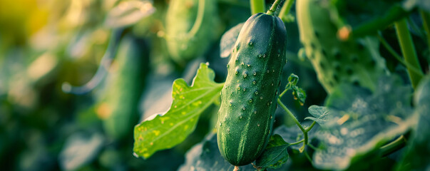 Cucumbers hanging on the vine with dew drops in a garden. Organic farming and fresh vegetables concept. Design for gardening guides, healthy eating blog, and agricultural banner with copy space.