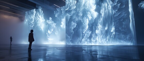 Silhouettes of people experiencing an immersive digital art installation projecting a dynamic cloudscape, blurring the lines between technology and nature.