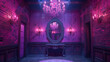 Mysterious purple-lit room with elegant chandelier, vintage mirror, and classic table, creating a moody and luxurious atmosphere.