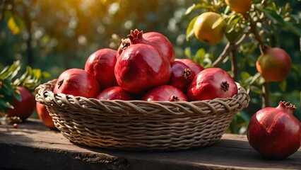 Wall Mural - beautiful ripe pomegranate fruit in a basket in the garden