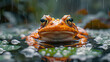 A cute frog swims in the water and looks at the camera
