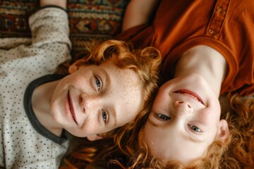 Portrait of two smiling redhead little siblings lying on the floor