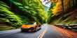 a vibrant image of a high-speed travel car zooming along a winding mountain road surrounded by lush, colorful foliage.
