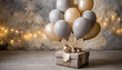 card or banner to wish a happy birthday in brown represented by a gift and gray and beige balloons on a gray and beige background in watercolor paint effect
