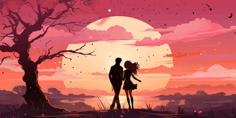 Wall Mural - Couple sweet playing romantic scenery pastel vector illustration in concepts cute kawaii anime manga style