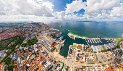 Sticker - Helsingborg, Sweden. Panorama of the city in summer with port infrastructure. Oresund Strait. Aerial view