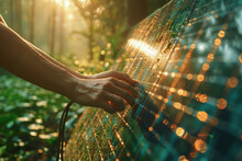 Sunlight Reflecting Off A Series Of Solar Panels On A Farm, With Hands Connecting Cables,  Illustrating The Integration Of Renewable Energy Sources In Modern Agriculture .