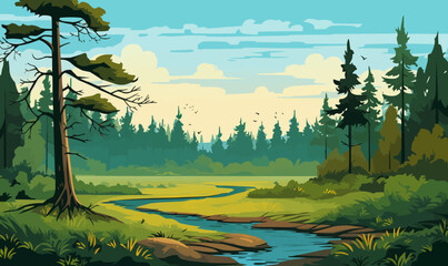 Wall Mural - Forrest landscape with grass and lots of trees, nature inspired vector illustration