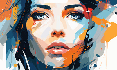 Wall Mural - A woman's face is painted with bright colors and splatters of paint