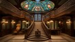 Dramatic entryway to Gilded Age estate with curved double staircases, domed stained glass ceiling, and wainscoting