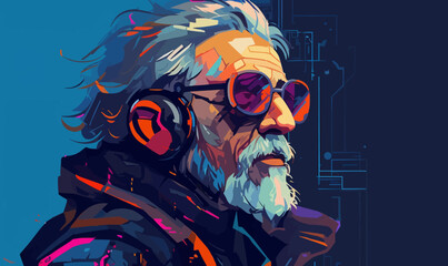 Wall Mural - cyberpunk style old man vector flat isolated vector style illustration