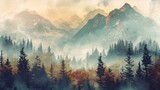 a captivating vintage landscape, misty autumn fir forest enveloped in fog, with rugged mountains and towering trees. Embrace hipster retro vibes
