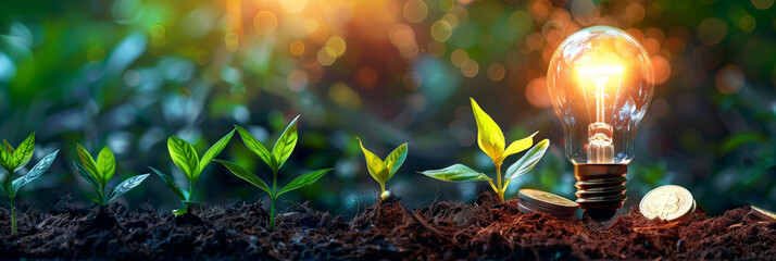 A light bulb glowing with coins and a plant growing on the ground,  financial growth concept,banner