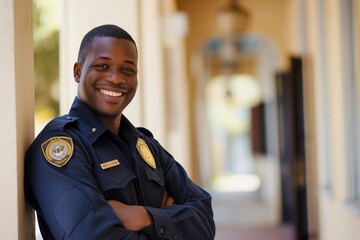 Wall Mural - A smiling black guard with his arms crossed looks at the camera