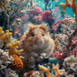Hamster in a coral reef with corals and fish.
