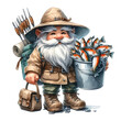 Trout fishing. Cartoon fishing gnome Transparent background.