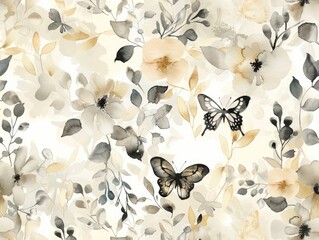 Watercolor background patter with flowers and butterflies