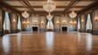 Grand ballroom in historic estate with coffered ceilings, crystal chandeliers, and parquet floors