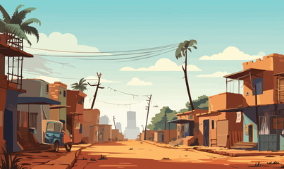 Sticker - African city street vector wide illustration