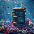 Barrel in a coral reef with corals and fish