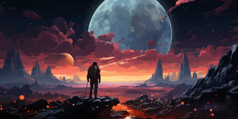 Wall Mural - a spaceman standing on a hill surrounded by floating rocks, digital art style, illustration painting