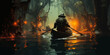man in a protection suit rowing a boat in poison swamp, digital art style, illustration painting