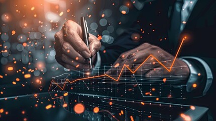 Poster - A businessman's hand with a stylus points to fluctuating growth charts on a futuristic holographic interface, symbolizing data analysis and business strategy. Businessman Analyzing Growth Data on Dig
