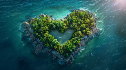 Wall Mural - Tropical island aerial view, heart shape land, summer vacation concept