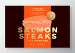 Salmon Steak Abstract Vector Packaging Label Design Template. Modern Typography Banner, Hand Drawn Fish Seafood Slice Sketch Silhouette. Color Paper Background Layout with Gold Foil Isolated