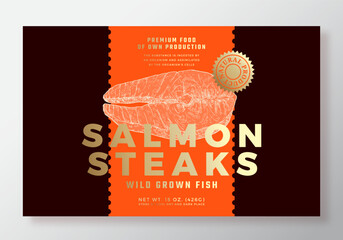 Wall Mural - Salmon Steak Abstract Vector Packaging Label Design Template. Modern Typography Banner, Hand Drawn Fish Seafood Slice Sketch Silhouette. Color Paper Background Layout with Gold Foil Isolated