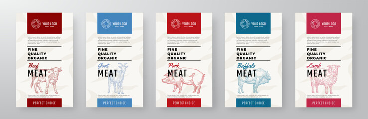 Wall Mural - Organic Meat Vector Packaging Design Textured Label Templates Set. Beef, Pork, Lamb Food Product Banners. Hand Drawn Domestic Animals Backgrounds Layout Collection Isolated