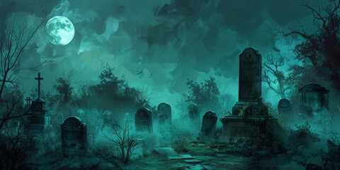 Wall Mural - A spooky graveyard at night with tombstones, fog, and ominous moonlight in shades of blue green background, Spooky Cemetery With Moon  halloween,scarry night horror, banner	
