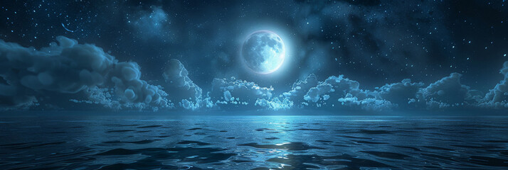 Wall Mural -  full moon on  sea at night background, blue moon with clouds on ocean,banner