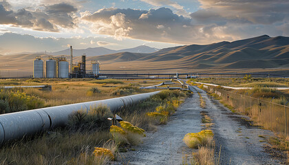 Wall Mural - Wide shot of intricate pipelines and large storage tanks at an oil refinery - symbolizing the industrial nature and infrastructure of the oil industry.