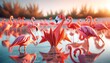 An origami flamingo with a coral hue standing amidst real flamingos in a shallow water setting.