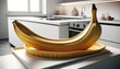 A banana-shaped tray, curved and yellow with slight browning to mimic ripeness, supported by a banana peel-like base on a white shelf.
