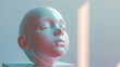A 3D rendered image of a metallic female mannequin head featuring a peaceful, serene expression in a contemporary style.