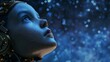 An image depicting a young cyborg with a wistful expression, looking towards sparkling blue bokeh lights. Evokes feelings of curiosity and the future.