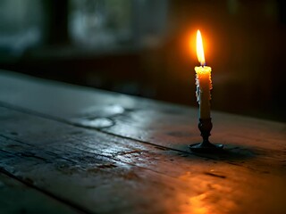 Wall Mural - a lit candle sitting on top of a wooden table
