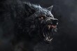 Fierce black wolf with glowing eyes and sharp fangs, snarling in the darkness, digital painting