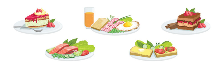 Poster - Different Meal and Food Served on Plate Vector Set